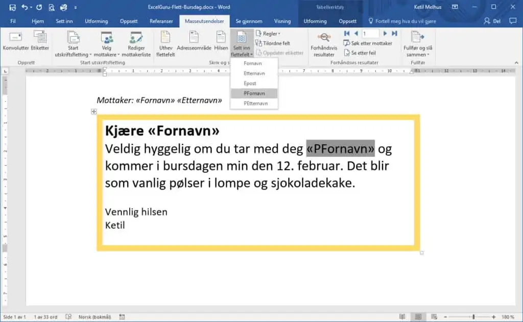 Flette til Outlook