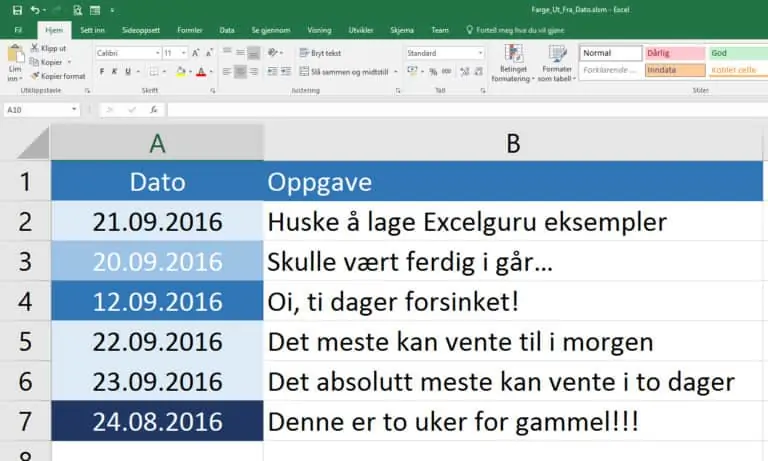 Betinget formatering: Farge på celler ut fra dato