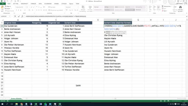 Sortere en liste ved hjelp av matriseformler