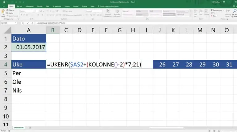 En rekke med Ukenummer og funksjonen Kolonne()