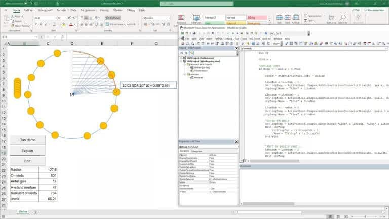 Excel VBA – Jobbe med figurer, sirkler, rettvinklede trekanter – og pytagoras