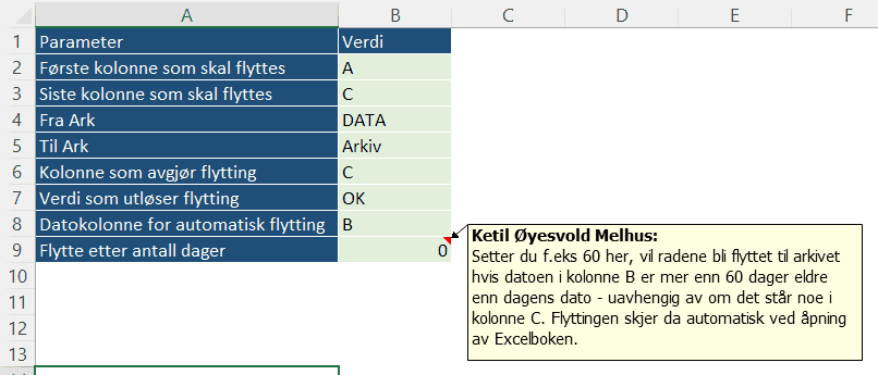 Automatisk flytting av rader til en annen fane etter et gitt antall dager.