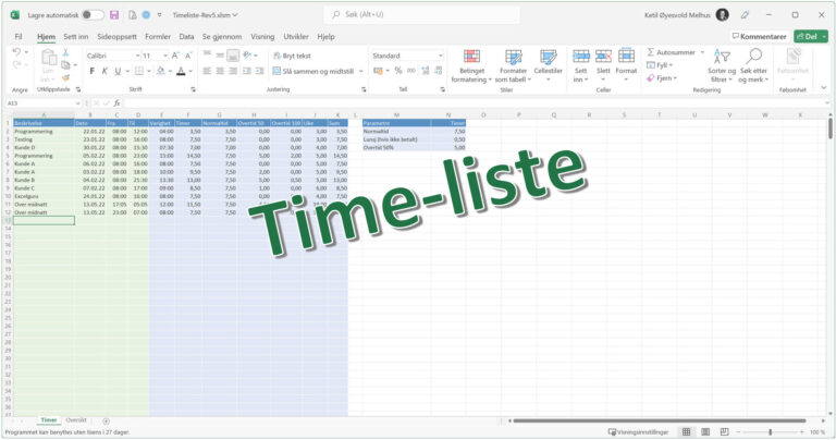 Timeregistrering i Excel