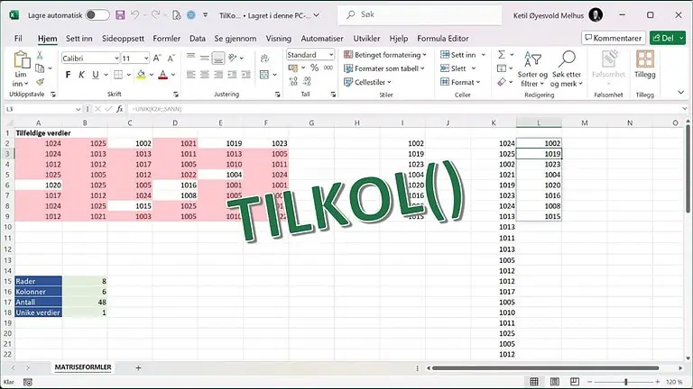 TILKOL() – Konvertere innholdet i en matrise til en kolonne